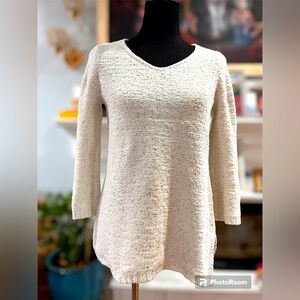 Chicos Cream Long Sleeve Pullover Sweater with Gold Sequins
